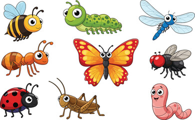 Fototapeta premium Cute Cartoon Insects and Animals Set with Bee, Ant, Butterfly, Dragonfly, Worm, Ladybug, and More for Kids' Designs