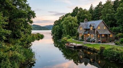 Obraz premium A lakeside house beside a narrow canal, quiet water reflecting the home and surrounding greenery beneath a calm sky, soft evening light, serene storybook atmosphere, ultra-realistic, no logos.