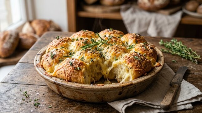 Freshly baked herb and cheese pull apart bread garnished with thyme, warm savory bakery dish with melted texture and rustic appeal, appetizing light, realistic detail, no logos