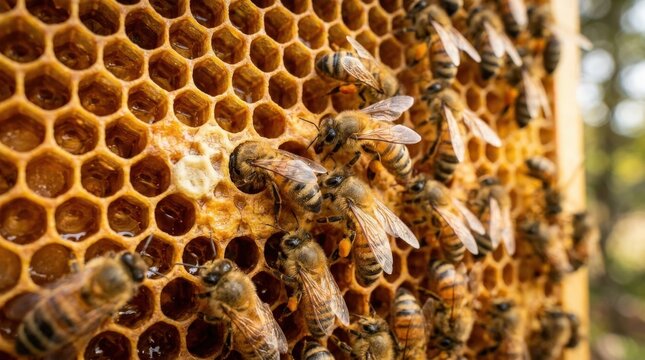 Busy honeybees working on golden honeycomb, nature and pollination concept, rich amber texture, close-up macro, realistic detail, no logos
