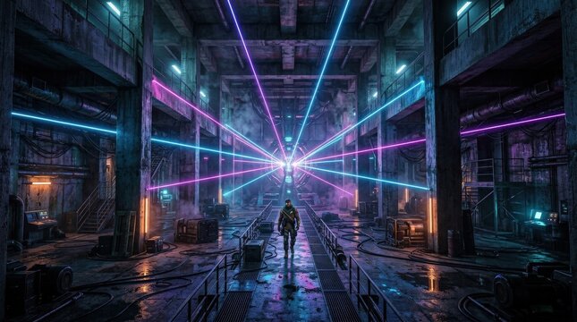 A dystopian underground basement with central neon lasers, glowing concrete textures and grunge warehouse depth, intense cyber-futurist atmosphere with moody symmetry and electric color,