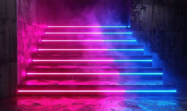 A staircase with neon lights in a dark and moody atmosphere