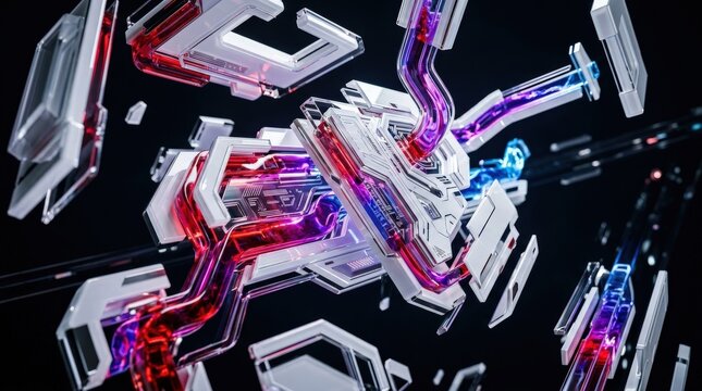 Cyberfuturistic white glass elements floating over a black backdrop, liquid acrylic glowing red, purple and blue with crisp reflections and cinematic depth, sleek modern tech atmosphere,