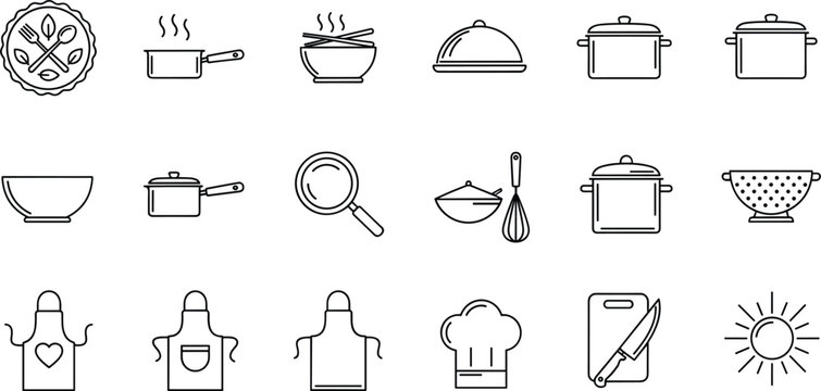 Black line vector icon set of kitchen cooking tools chef hat aprons pots and restaurant culinary elements,