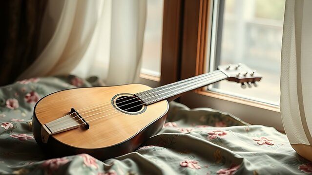 Exquisite pipa lute resting on embroidered silk fabric with curved headstock.