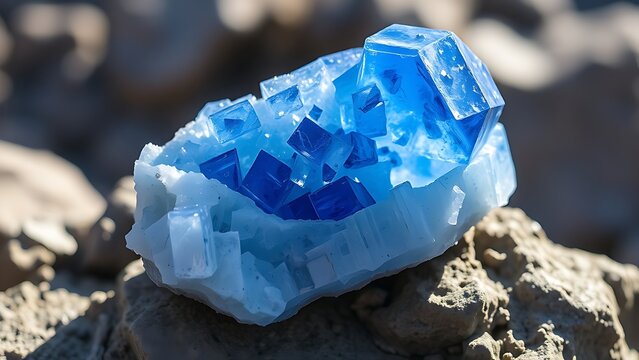 Raw blue corundum crystal on natural rock in daylight.