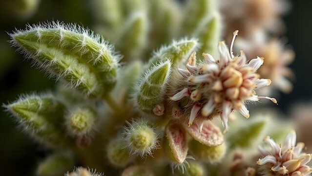 Close-up of hyssop leaves and flowers showing fuzzy texture and intricate structure.