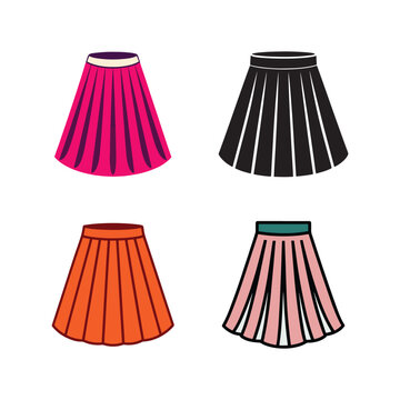 Collection of colorful pleated skirts in pink black orange and peach with different waistbands on white background