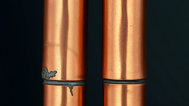 Close-up of two copper pipes joined by smooth silvery brazing filler metal.