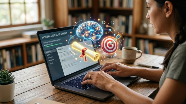 Hands typing on a laptop with diploma, brain and target icons floating above, modern digital learning visuals and an inspiring online education atmosphere, ultra-realistic, no logos.
