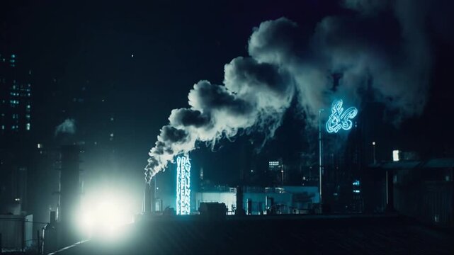 深夜の工場屋上から炭煙が立ち昇るノワール都市映像