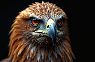 Obraz premium Close up portrait of a brown eagle with bright orange eyes and sharp beak. Wild bird gazes intently on black background. Fierce predator shows regal look with detailed feathers.