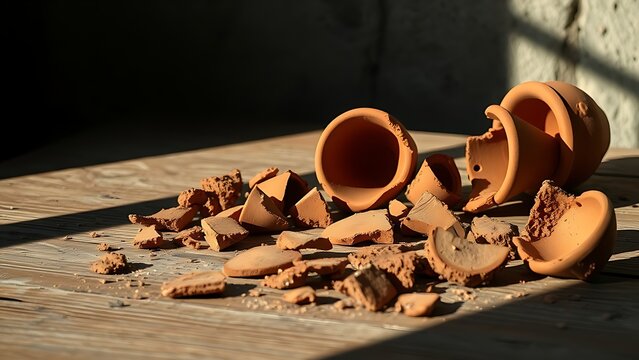 Shattered terracotta pot fragments on rustic wooden table, dramatic shadows.