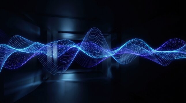 A blue glowing sound wave spectrum stretching across a dark background, pulsing light, smooth frequency lines and immersive depth, cool illumination and futuristic music atmosphere, ultra-realistic,