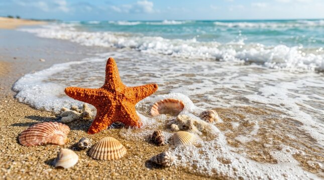 Orange starfish and seashells on a beach with waves and bubbles, coastal close-up, fresh summer vacation concept, no logos