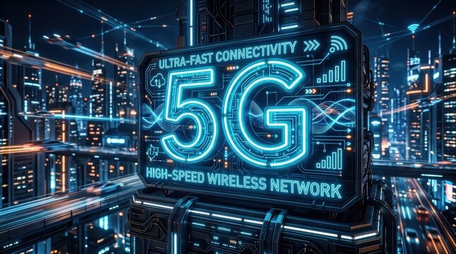 Glowing neon 5G sign with digital circuit design, wireless technology and fast network concept, futuristic blue light, high tech background, realistic detail, no logos