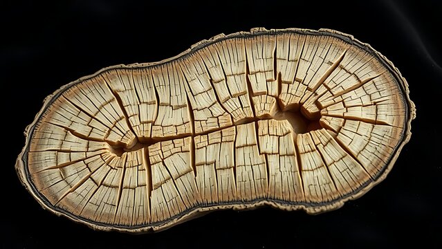 Cross-section slice of rough mammoth tusk fossil with intricate textures.