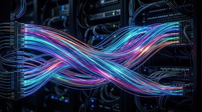 Glowing fiber optic cables in abstract colors, high-speed data and connectivity concept with luminous detail and modern technology atmosphere, realistic detail, no logos