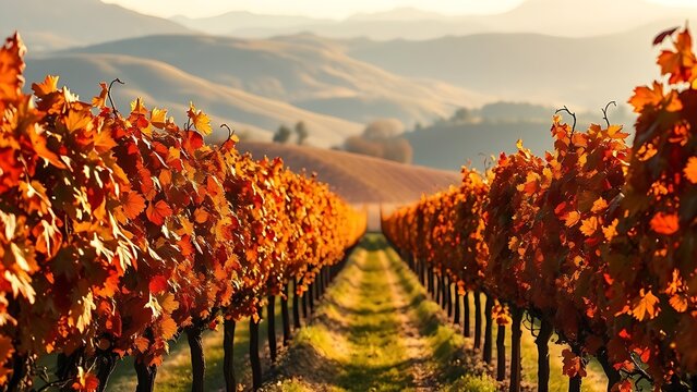 Autumn vineyard in Italy with rows of red and gold grapevines.