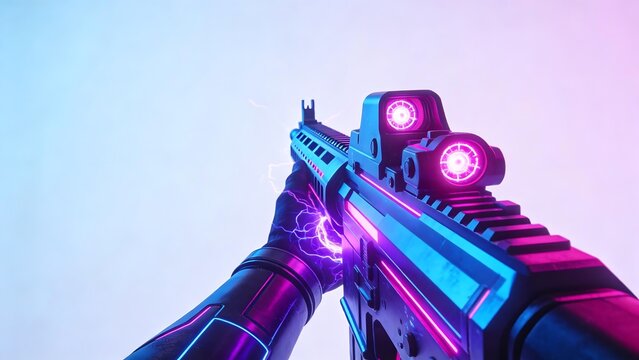 Gloved hand holding futuristic glowing rifle