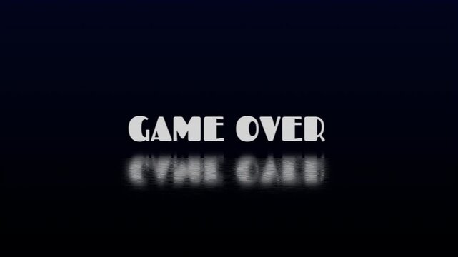 Retro game over screen with teal text featuring a digital glitch distortion effect and water reflection on a dark blue background for gaming and technology content