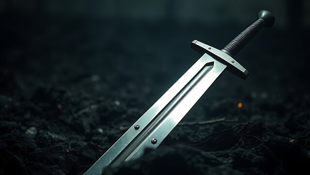 Medieval greatsword thrust into scorched earth on battlefield.