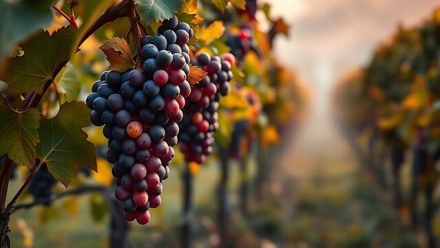 Ripe purple grape clusters glowing in autumn mist of a vineyard at morning.