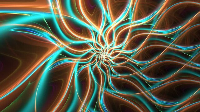 Dynamic motion backdrop of neon light swirls and energetic colorful waves. Abstract movement of vibrant twisting patterns. Orange-blue swirl trails creating fractal vortex animation. 4K UHD 4096x2304