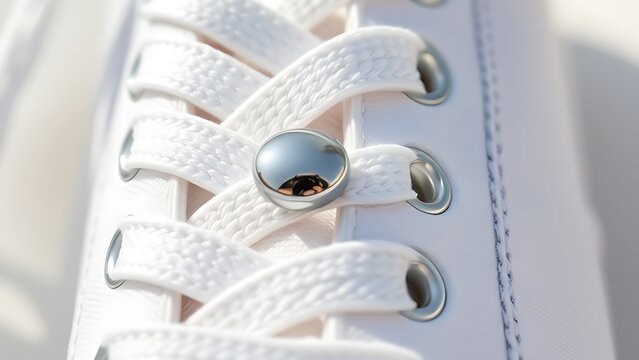 Close-up of white sneaker lace with metallic aglet on fabric.