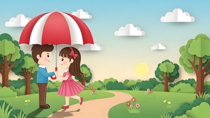 Fototapeta premium Children sharing an umbrella in a park
