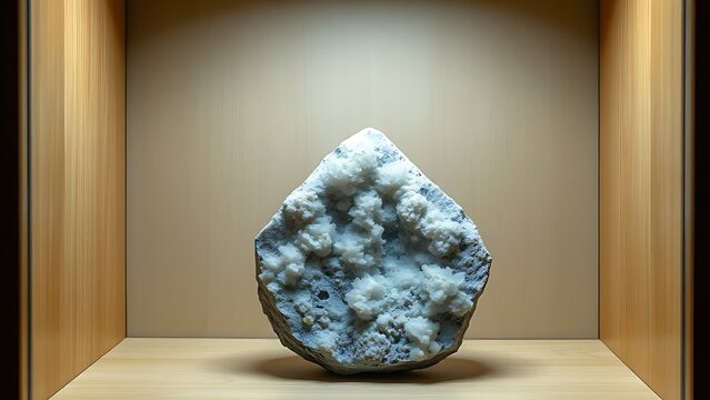 Pegmatite specimen displayed in a wooden mineral collection cabinet.