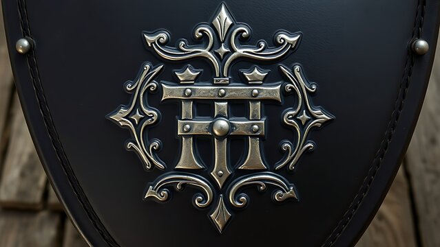 Stylized heraldic portcullis design engraved on a medieval shield, metallic sheen.