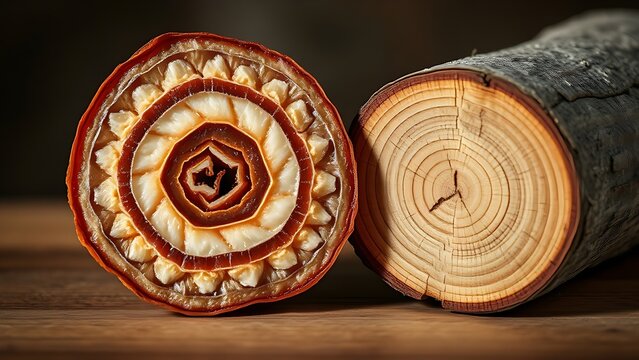 Cross-section of dried saucisson beside tree log, concentric patterns echoing each other.
