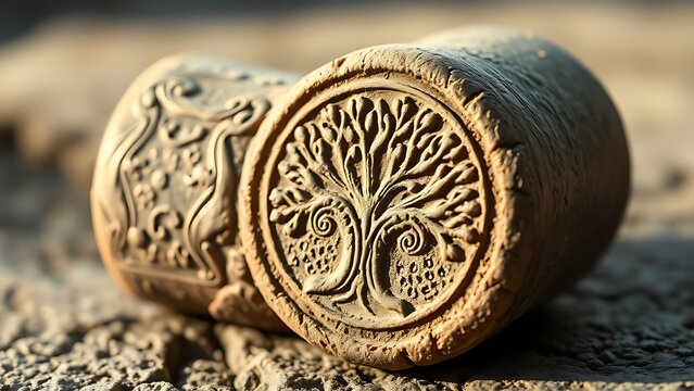 An ancient stone seal engraved with the Assyrian Tree of Life motif.