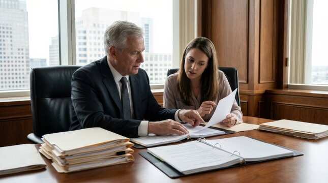 An attorney and paralegal reviewing paperwork in an office, legal files open on the desk, serious discussion, refined law firm setting with balanced professional lighting, ultra-realistic, no logos.