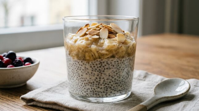 A side profile of chia pudding topped with fresh mashed banana and almond slices, creamy texture and layered ingredients shown in elegant detail, wholesome breakfast atmosphere with soft daylight,