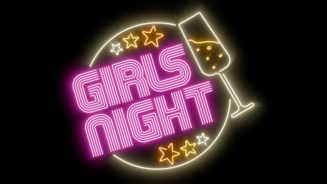 Girls night vibrant glowing neon sign on black background for easy blending