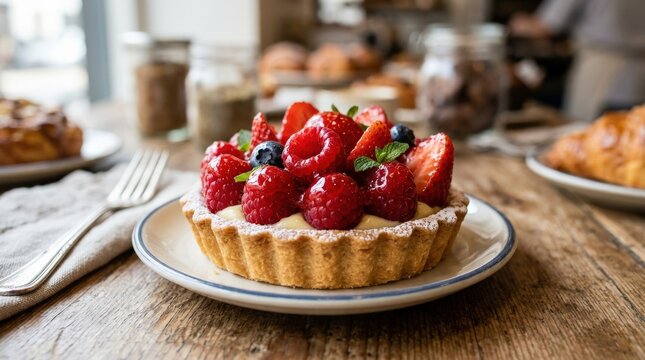 Freshly baked fruit tart with vibrant red toppings, elegant pastry dessert close up with glossy berries and crisp crust, bakery presentation, realistic detail, no logos