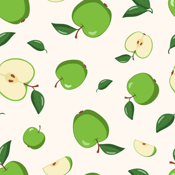 Seamless vector pattern with green apples and leaves on a light background in a flat style