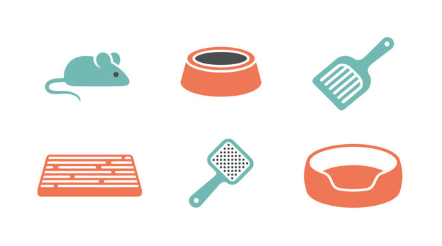 Set of pet care icons for cats and dogs including toys bowls and grooming tools.