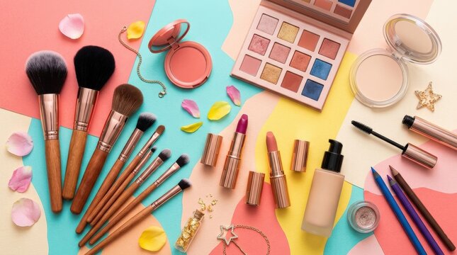Selection of makeup brushes and cosmetics on a colorful background, vibrant beauty flat lay, professional tools and products, playful feminine composition, clean studio lighting, no logos