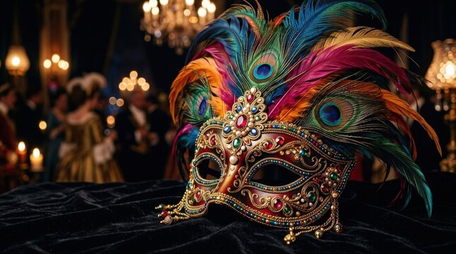 Colorful ornate masquerade mask with vibrant feathers and beads on dark background, festive mysterious celebration concept with rich decorative texture, polished realistic finish, no logos