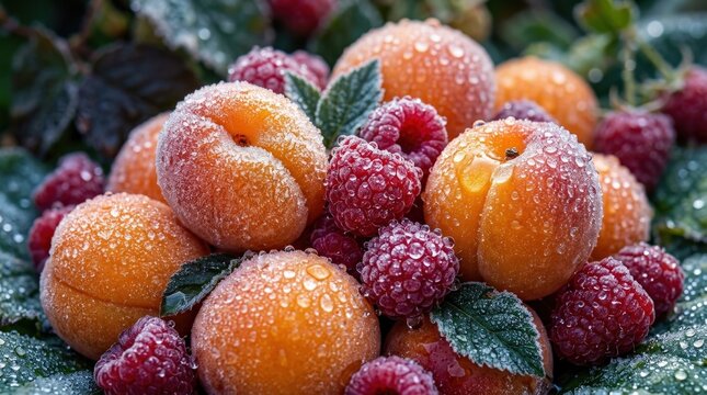 Frosted apricots and raspberries in a dense dew-covered arrangement, refreshing surreal fruit close-up, rich texture and vivid color, no logos