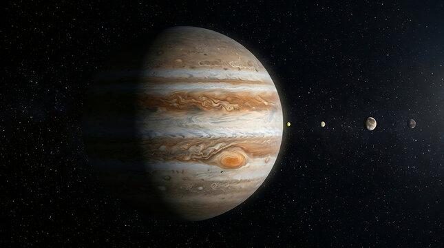 A stunning view of the gas giant jupiter and its galilean moons