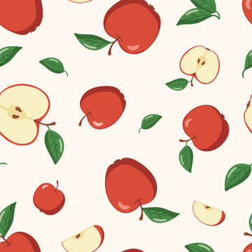 Seamless vector pattern with red apples and leaves on a light background in a flat style