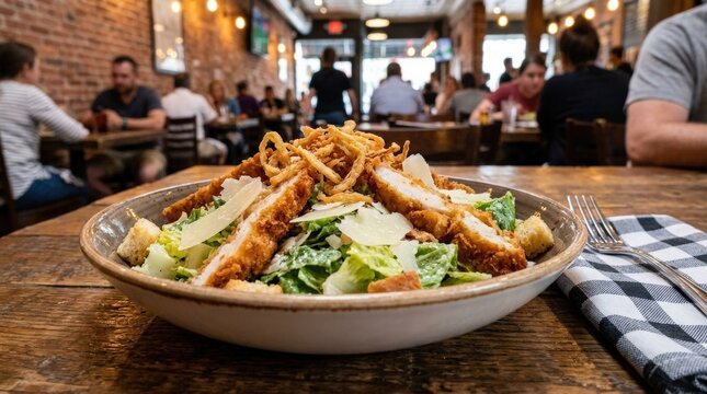 Caesar salad with crispy chicken, crunchy fresh greens and golden fried topping in a casual restaurant presentation, realistic detail, no logos