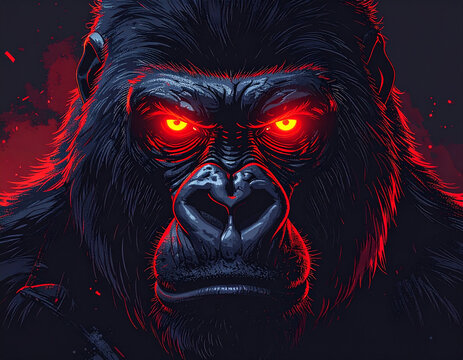 Angry Gorilla Portrait with Glowing Red Eyes.