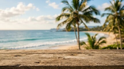 Fototapeta premium Wooden surface in the foreground with blurred ocean view and palm trees behind, serene beach background for summer product placement, soft natural light, realistic detail, no logos