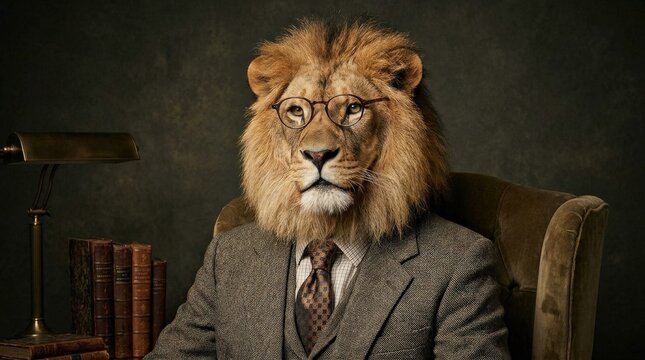 Dressed up lion wearing glasses and suit, creative animal portrait, humorous elegant character on dark studio background, no logos