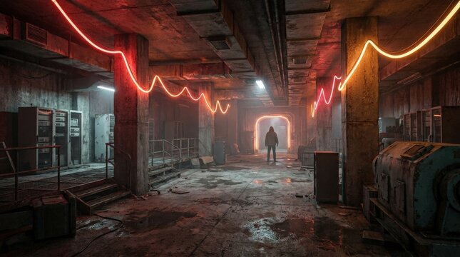 A cyber-futuristic basement in red-orange neon glow, raw concrete textures, empty warehouse scale, and dystopian underground mood, ultra-realistic, no logos.